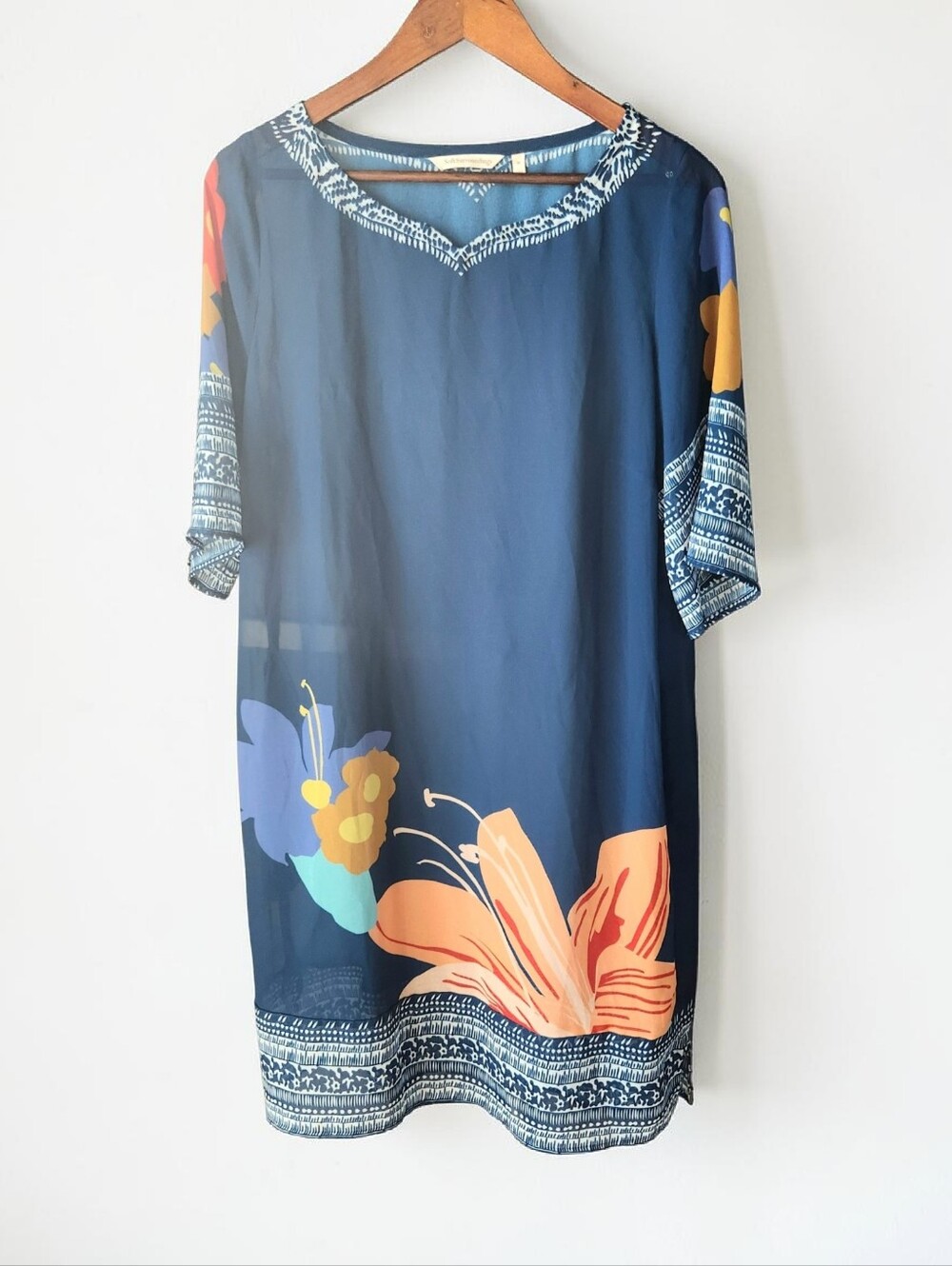 Soft Surroundings Hibiscus Sheer Tunic Dress Cover Up Womens M Blue Multi Color